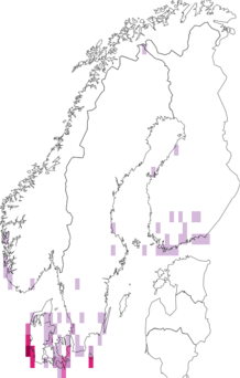 Fyndkarta för vandrarängsmott. Datakälla: GBIF