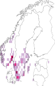 Fyndkarta för rödbrun klotterlav. Datakälla: GBIF